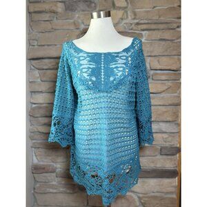 Umgee Women’s Teal Tunic Coverup Sz Large Crochet Lace
